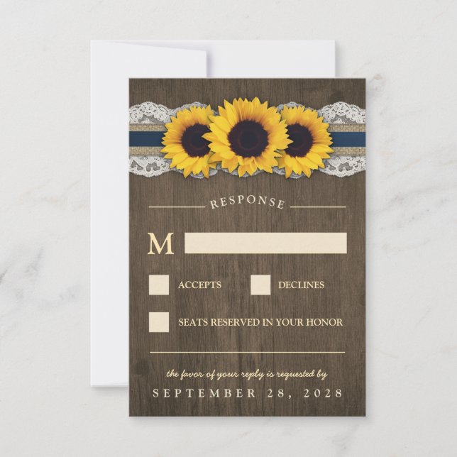 Sonnenblume Rustic Blue Burlap Wedding RSVP Karten (Vorderseite)