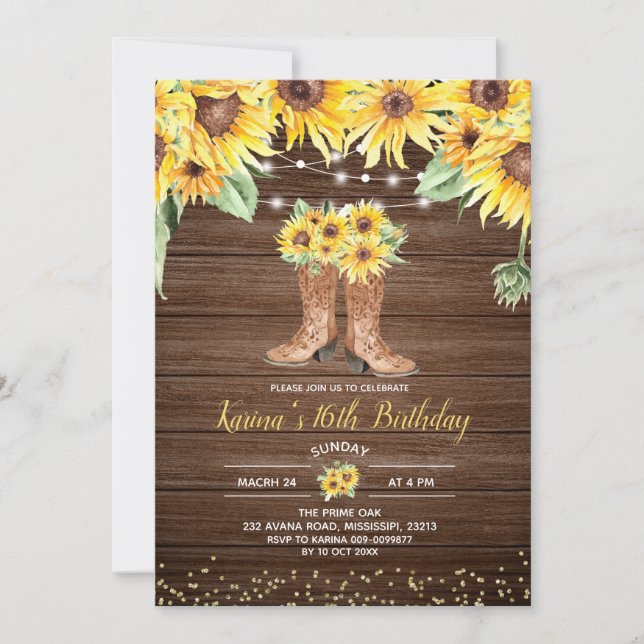 Sonnenblume Rustic Boot 16 . Geburtstag Einladung (Vorderseite)