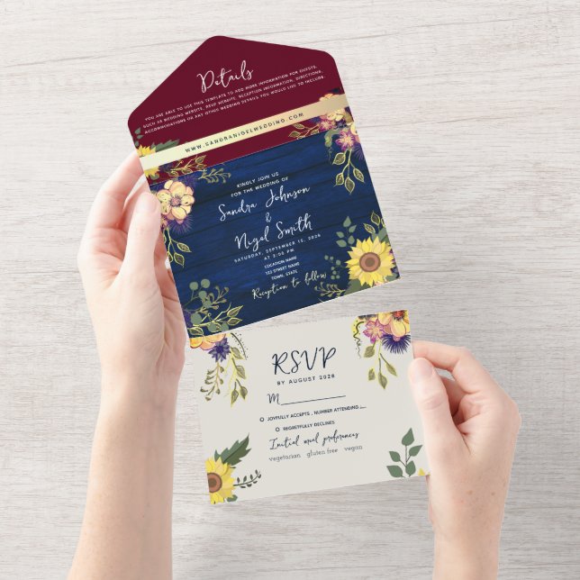 Sonnenblume Rustic Burgund Navy Blue Wedding All In One Einladung (Abreißen)