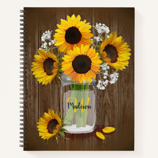 Sonnenblume Rustic Mason Jar Monogram Notizbuch (Vorderseite)