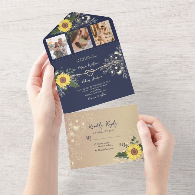 Sonnenblume Rustic Navy Blue Hochzeit All In One Einladung (Abreißen)