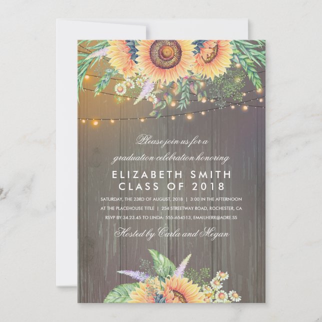 Sonnenblume Rustic String Lights Graduation Party Einladung (Vorderseite)