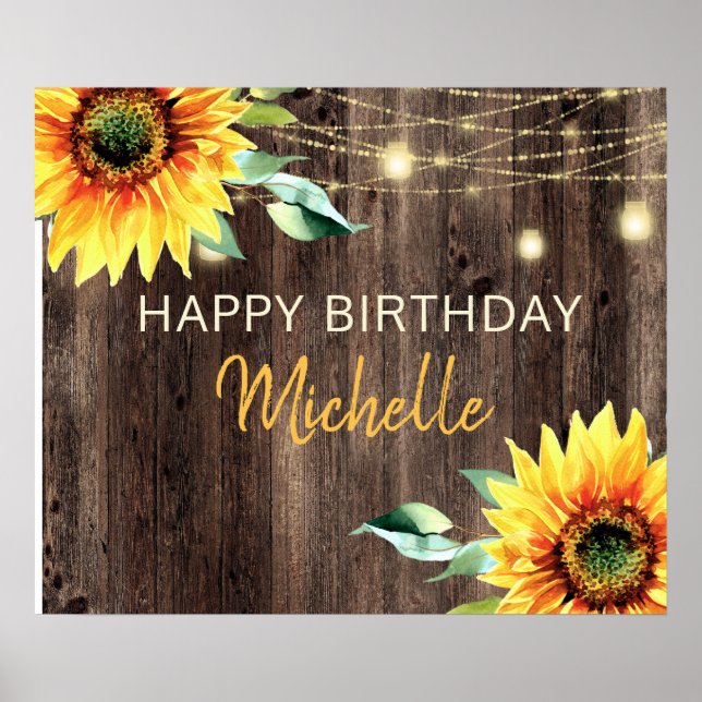 Sonnenblume Rustic String Lights Happy Geburtstag Poster (Vorne)