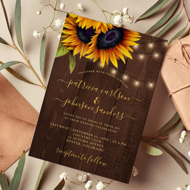 Sonnenblume rustikal elegante Drehbühnenholz Hochz Einladung (Von Creator hochgeladen)