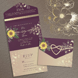 Sonnenblume Rustikal Elegante Lila Hochzeit All In One Einladung