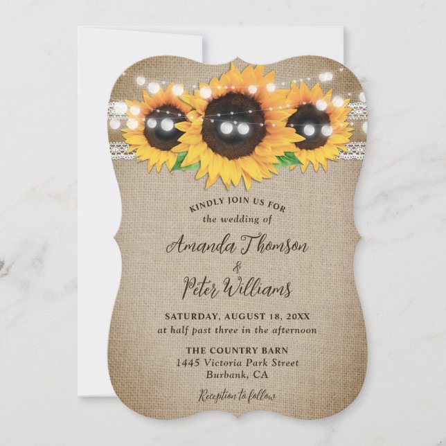 Sonnenblume Rustikale Burlap Lace Hochzeit Einladung (Vorderseite)