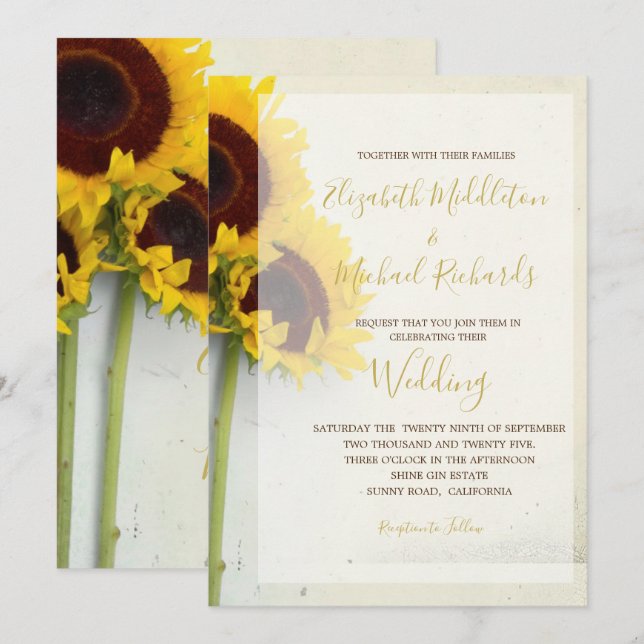 Sonnenblume Rustikale Hochzeit moderner Typografie Einladung (Vorne/Hinten)