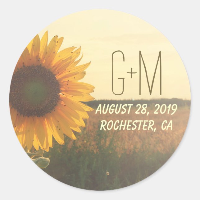 Sonnenblume Rustikale Hochzeitskleber Runder Aufkleber (Vorderseite)