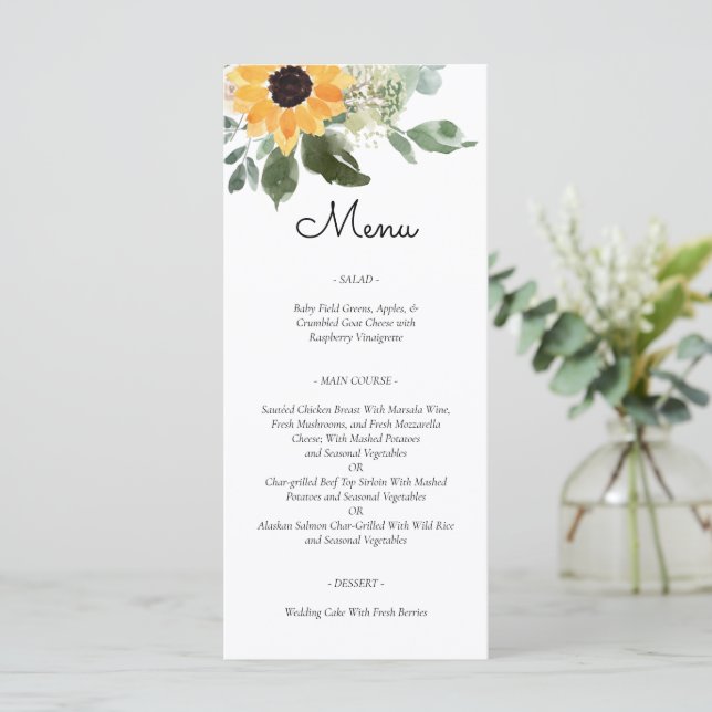 Sonnenblume Rustikale Landkarte Hochzeitsmenü Menükarte (Stehend Vorderseite)