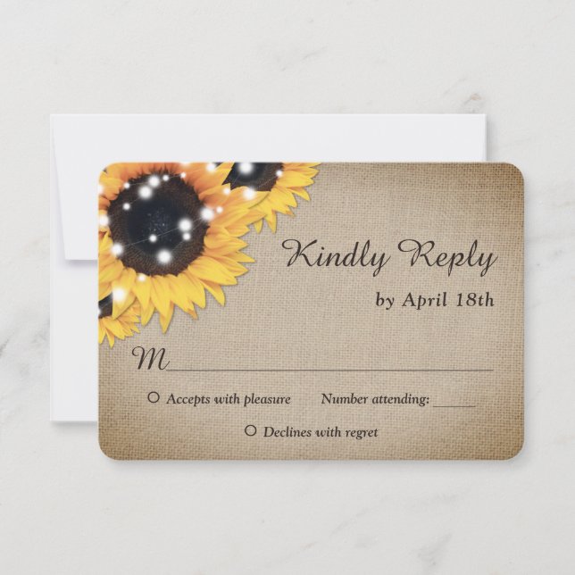 Sonnenblume Rustikale Vintage Burlap Hochzeit RSVP Karte (Vorderseite)