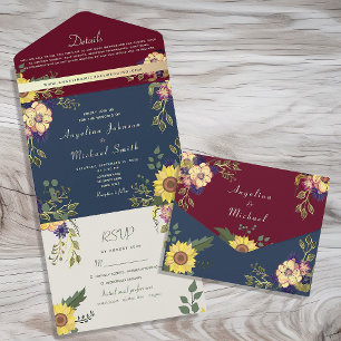 Sonnenblume Rustikales Burgund und Blaue Hochzeit All In One Einladung
