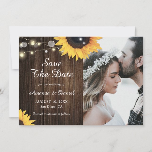 Sonnenblume Rustikales Foto mit Holzsaitenleuchten Save The Date (Vorderseite)