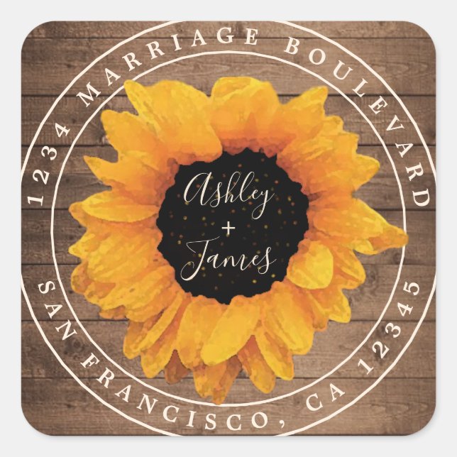 Sonnenblume Rustikales Stallholz Hochzeit Rücksend Quadratischer Aufkleber (Vorderseite)