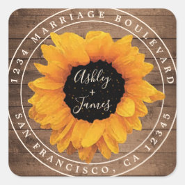 Sonnenblume Rustikales Stallholz Hochzeit Rücksend Quadratischer Aufkleber