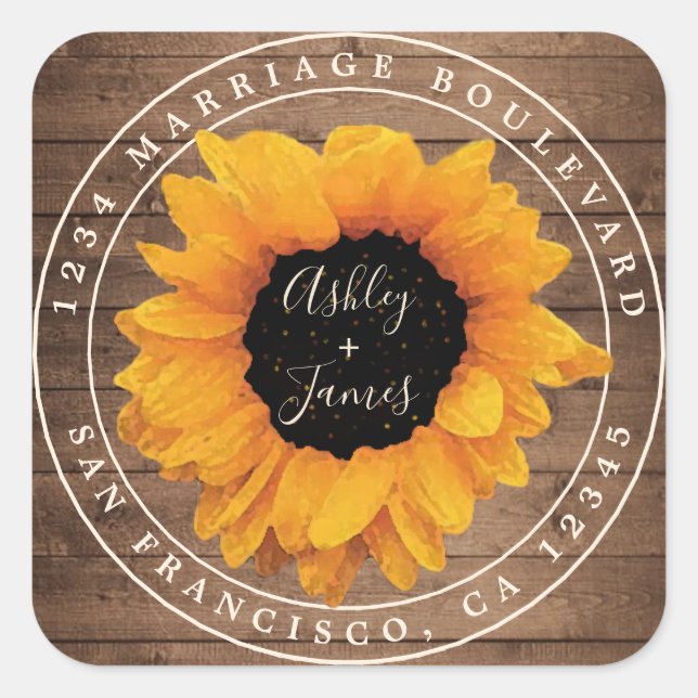 Sonnenblume Rustikales Stallholz Hochzeit Rücksend Quadratischer Aufkleber (Vorderseite)