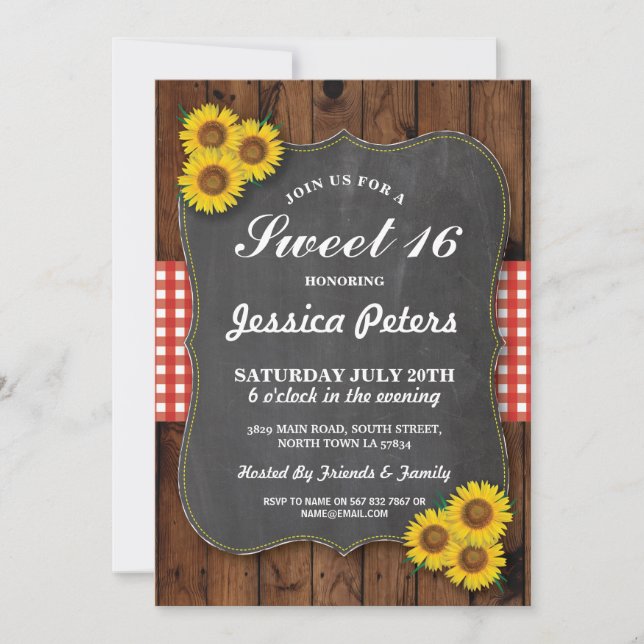 Sonnenblume Rustikales Sweet 16 Party Chalk Wood E Einladung (Vorderseite)