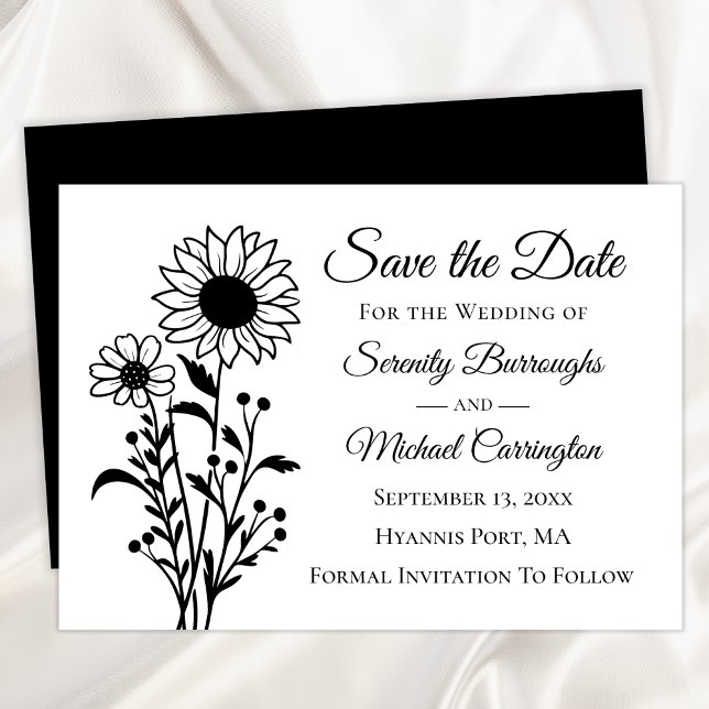 Sonnenblume Save the Date Schwarz-weiße Blumenhoch Ankündigung (Von Creator hochgeladen)