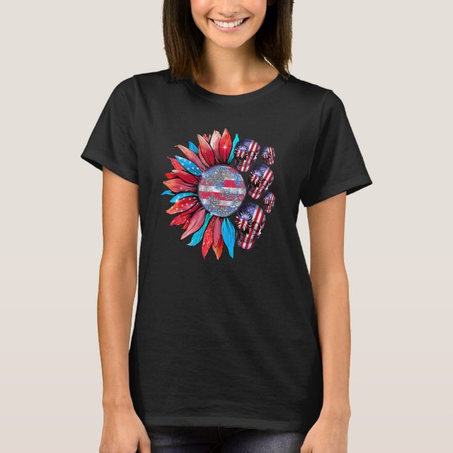Sonnenblume Schädel American Flag Patriotic 4. Jul T-Shirt (Vorderseite)