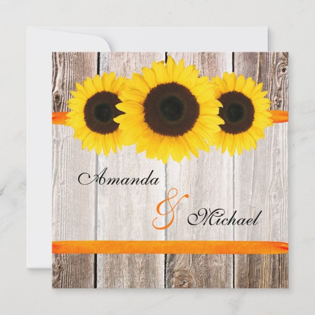 Sonnenblume-Scheunen-hölzerne orange Band-Hochzeit Einladung (Vorderseite)