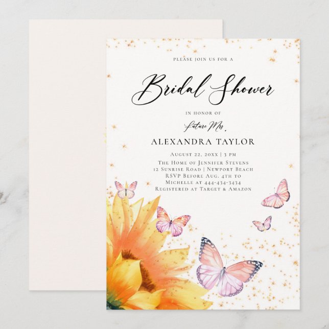 Sonnenblume Schmetterling Pink Gold Rustikales Bra Einladung (Vorne/Hinten)