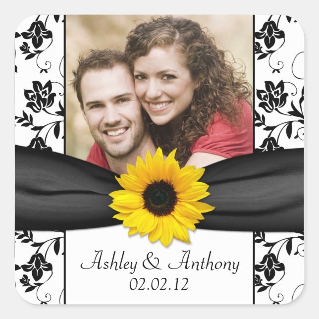 Sonnenblume Schwarz-weiß Damask Foto Hochzeit Quadratischer Aufkleber (Vorderseite)