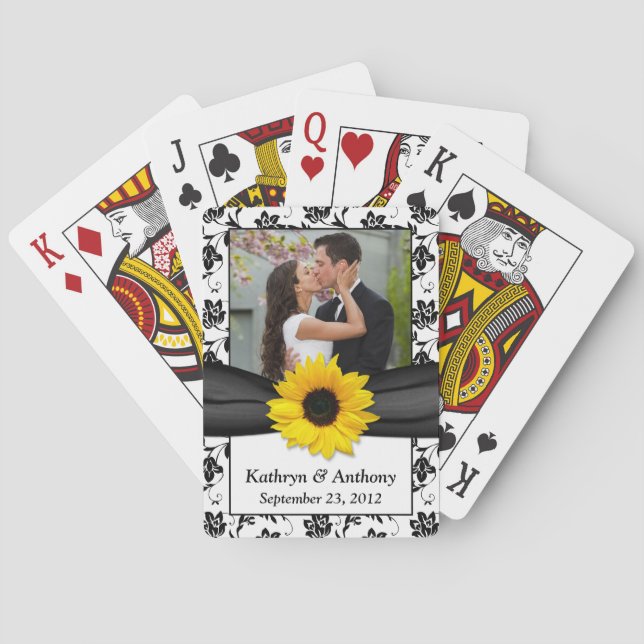 Sonnenblume Schwarz-weiß Damask Hochzeitskarten Spielkarten (Rückseite)