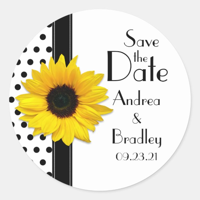 Sonnenblume Schwarz-weiß Polka Dot Save the Date Runder Aufkleber (Vorderseite)