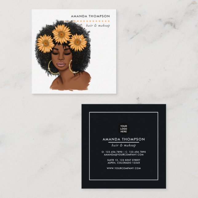 Sonnenblume Schwarze Frau Haare Stylist Quadratische Visitenkarte (Vorne/Hinten)