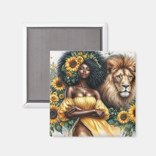 Sonnenblume Schwarze Frau mit Löwe-Leo Art Magnet