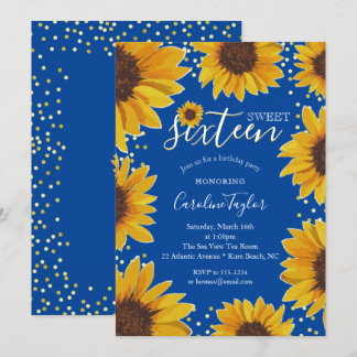 Sonnenblume Sweet 16 Geburtstag Navy Blue & Gold Einladung