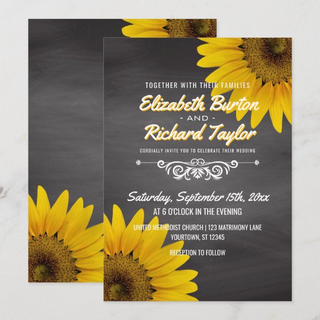Sonnenblume-Tafel-rustikale Land-Hochzeit Einladung (Vorne/Hinten)