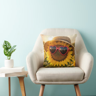Sonnenblume trägt Sonnenbrille und Strohhut Kissen