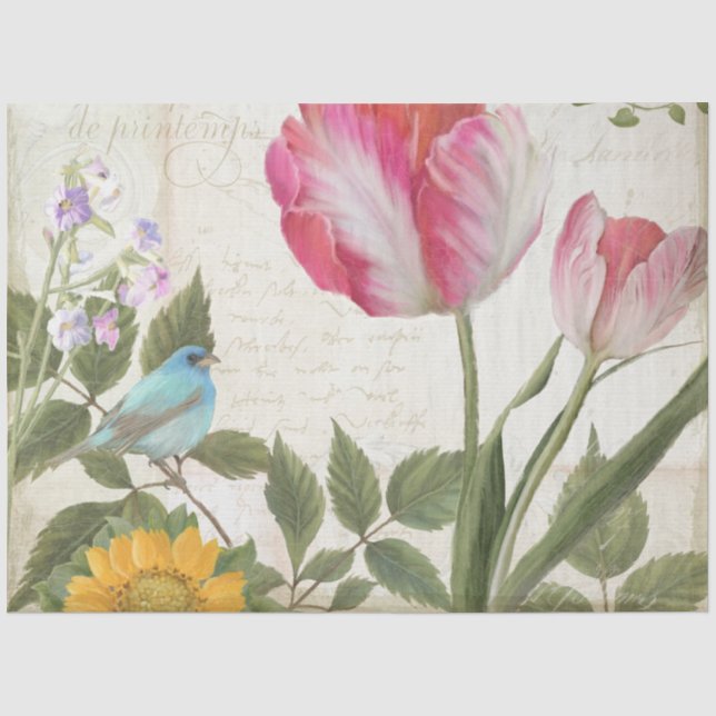 Sonnenblume Tulip Blume Bird Ephemera Seidenpapier (Vorderseite)