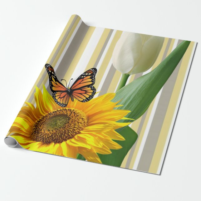 Sonnenblume Tulip Butterfly Strip Wrapping Paper Geschenkpapier (Ungerollt)