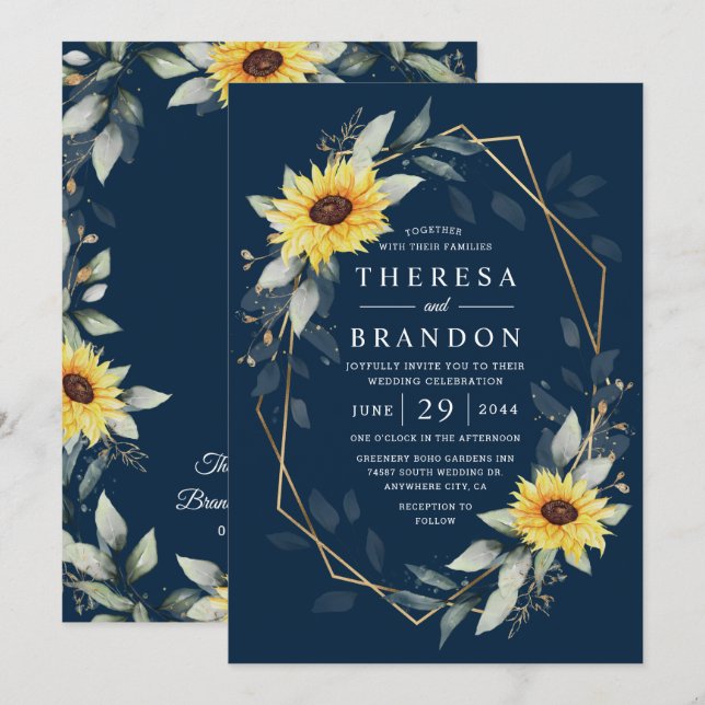 Sonnenblume und blau-geometrische Hochzeit Einladung (Vorne/Hinten)