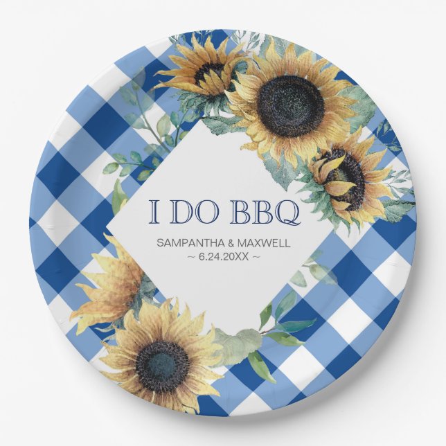Sonnenblume und Blauer Gingham I. GRILLEN Pappteller (Vorderseite)