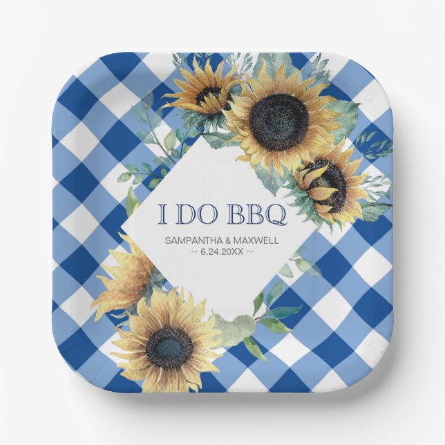 Sonnenblume und Blauer Gingham I. GRILLEN Pappteller (Vorderseite)
