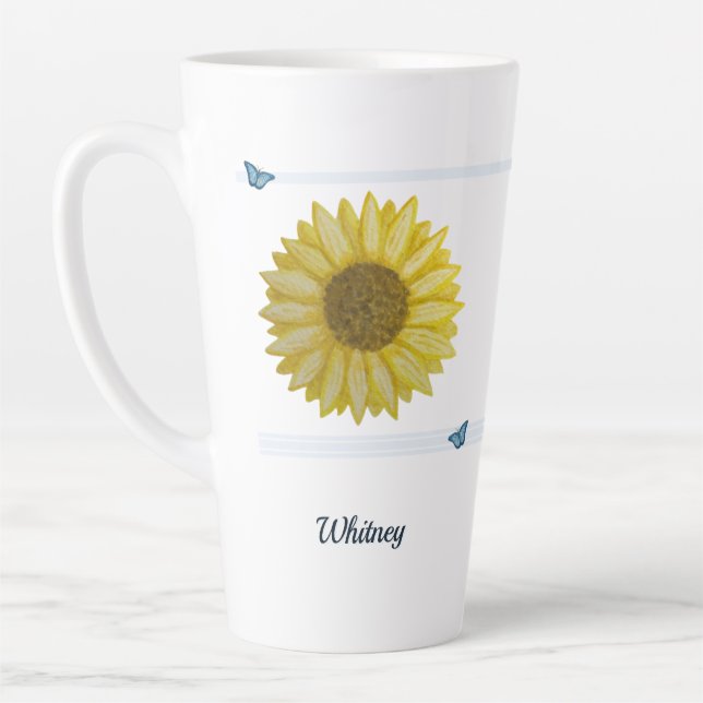 Sonnenblume und Blauer Schmetterling-Schrift Latte Milchtasse (Links)