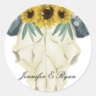 Sonnenblume und Bullskull-Hochzeitsticker Runder Aufkleber