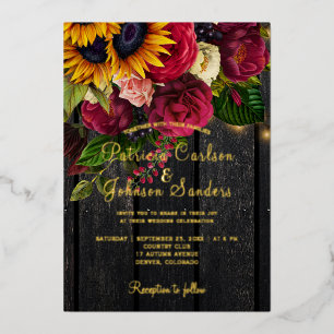 Sonnenblume und burgunderrote Rosen rustikale Herb Folieneinladung