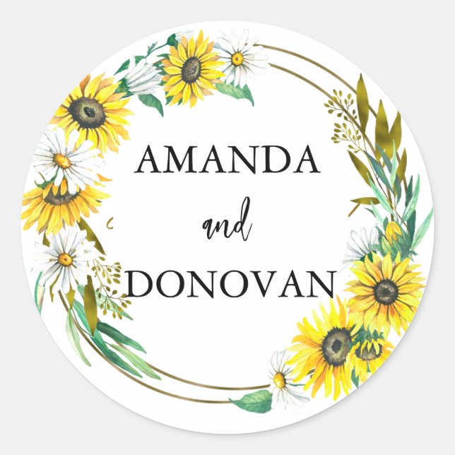 Sonnenblume und Daisies Wreath Wedding Umschlag Au Runder Aufkleber (Vorderseite)