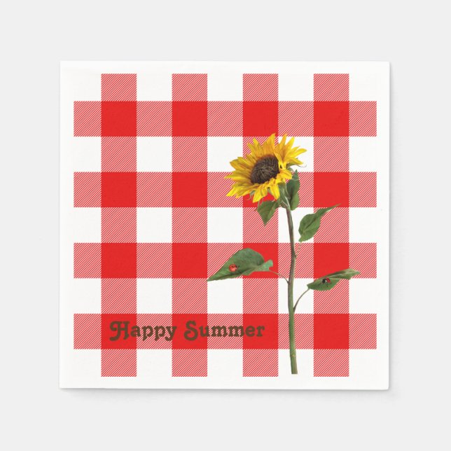Sonnenblume und Damenkäfer auf Büffel kariert Serviette (Vorderseite)