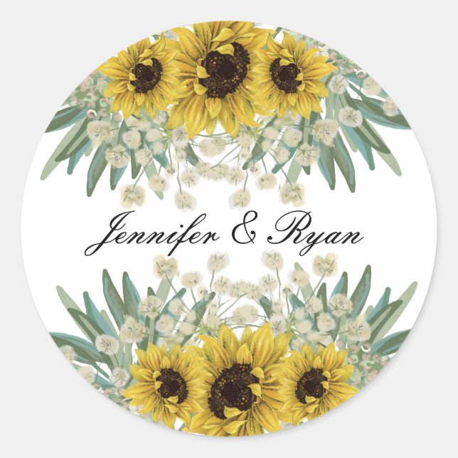 Sonnenblume und Grüne Hochzeitsticker Runder Aufkleber (Vorderseite)