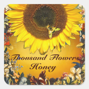 SONNENBLUME UND HONEY BIENEN BLUMENRÜSCHEN QUADRATISCHER AUFKLEBER