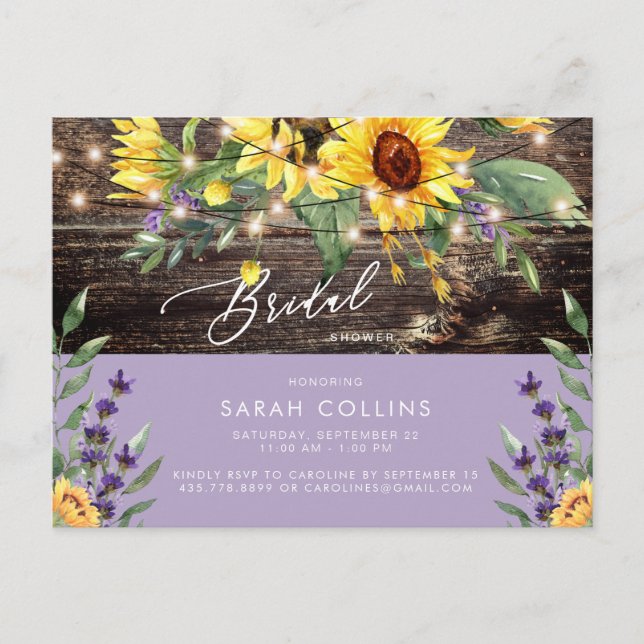Sonnenblume und Lavender Bridal Rustikale Dusche Postkarte (Vorderseite)