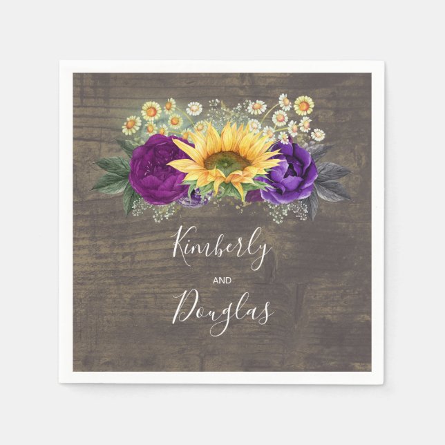 Sonnenblume und Lila Fall Rustikale Hochzeit Serviette (Vorderseite)