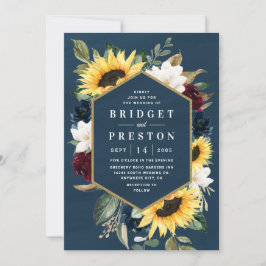 Sonnenblume und Navy Blue Magnolia Burgundy Weddin Einladung