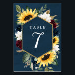 Sonnenblume und Navy Blue Magnolia Burgundy Weddin Tischnummer<br><div class="desc">Das Design besticht durch elegante Aquarellblumen,  bordeauxrote und marineblaue Rose,  weiße Magnolien und verschiedene Grünarten mit einem bedruckten goldfarbenen Rahmen über einem marineblauen,  texturierten/entworfenen Aquarellhintergrund.</div>