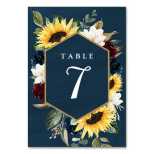 Sonnenblume und Navy Blue Magnolia Burgundy Weddin Tischnummer