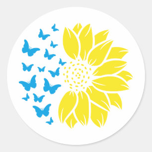 Sonnenblume und Schmetterlinge. Farben der ukraini Runder Aufkleber